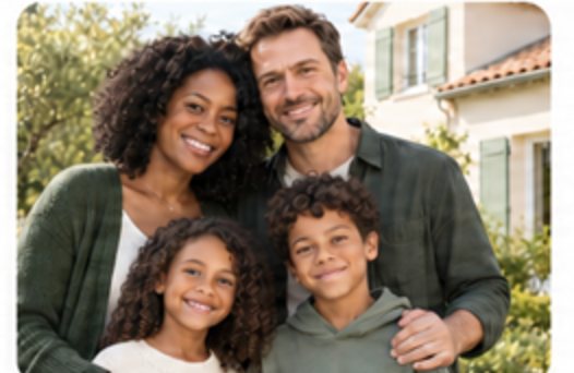 Famille de quatre personnes devant sa maison